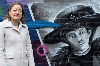 Helen Maguire at Emily Davison mural in Epsom
