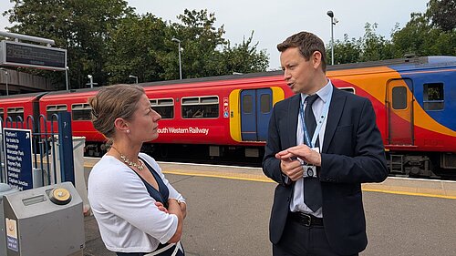 Helen Maguire MP with SWR Managing Director Lawrence Bowman at Ewell West Station
